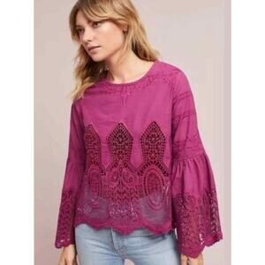 Anthropologie Chloe Oliver Bell Sleeve Magenta Pink Lace Top Size Small